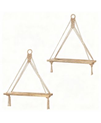 Boho Macrame Hanging Shelves Set of 2 – Rustic Wood Wall Decor for Minimalist Homes