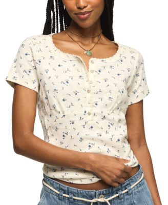 Women's Crochet Trim Short-Sleeve Henley Top