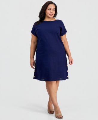 Plus Size Linen Short-Sleeve Side-Button Dress