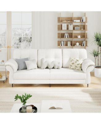 Minimalist Teddy Velvet Sofa with Removable Pillows & Side Pockets, Comfy Curved Arm Couch for Living Room, 3-Seater.