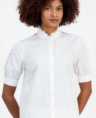 Women's Mandarin-Collar Lace-Trim Blouse