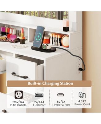 Makeup Vanity Table with Mirror and Lights, Power Outlets, Bedroom Dressing Desk