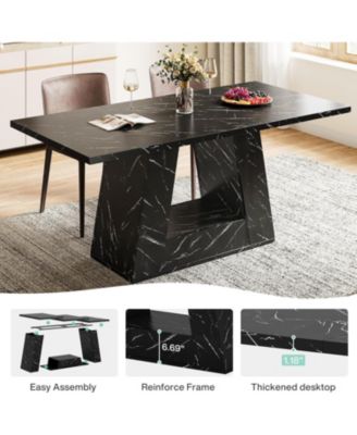 63" Dining Table for 4 to 6 People, Rectangular Dining Room Table, Modern Wooden Faux Marble Dinner Table with Sturdy Base