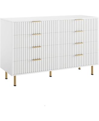 White 8 Drawer Dresser for Bedroom, Fluted Dresser with Large Drawers and Sturdy Gold Legs Support, Dressers & Chests of Drawers for Bedroom