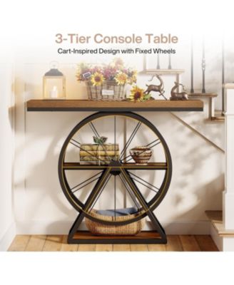 Industrial 3-Tier Console Table, 39.4" Sofa Table Entryway Table with Fixed Wheel Base, Narrow Wood Accent Tables