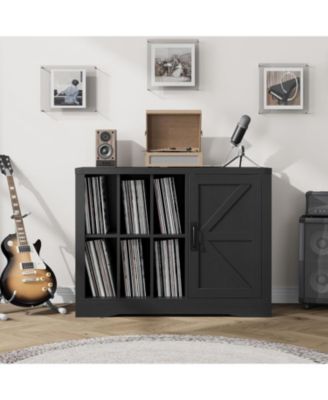 Farmhouse Record Player Stand with Barn Doors, 39.4" Turntable Table with Shelves