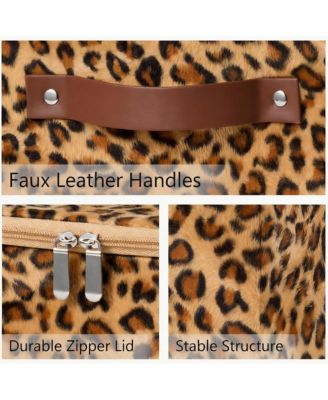 Leopard Print Storage Bin with Zipper Lid, PU Leather Handles, PP Plastic Board, Foldable, Washable,Large