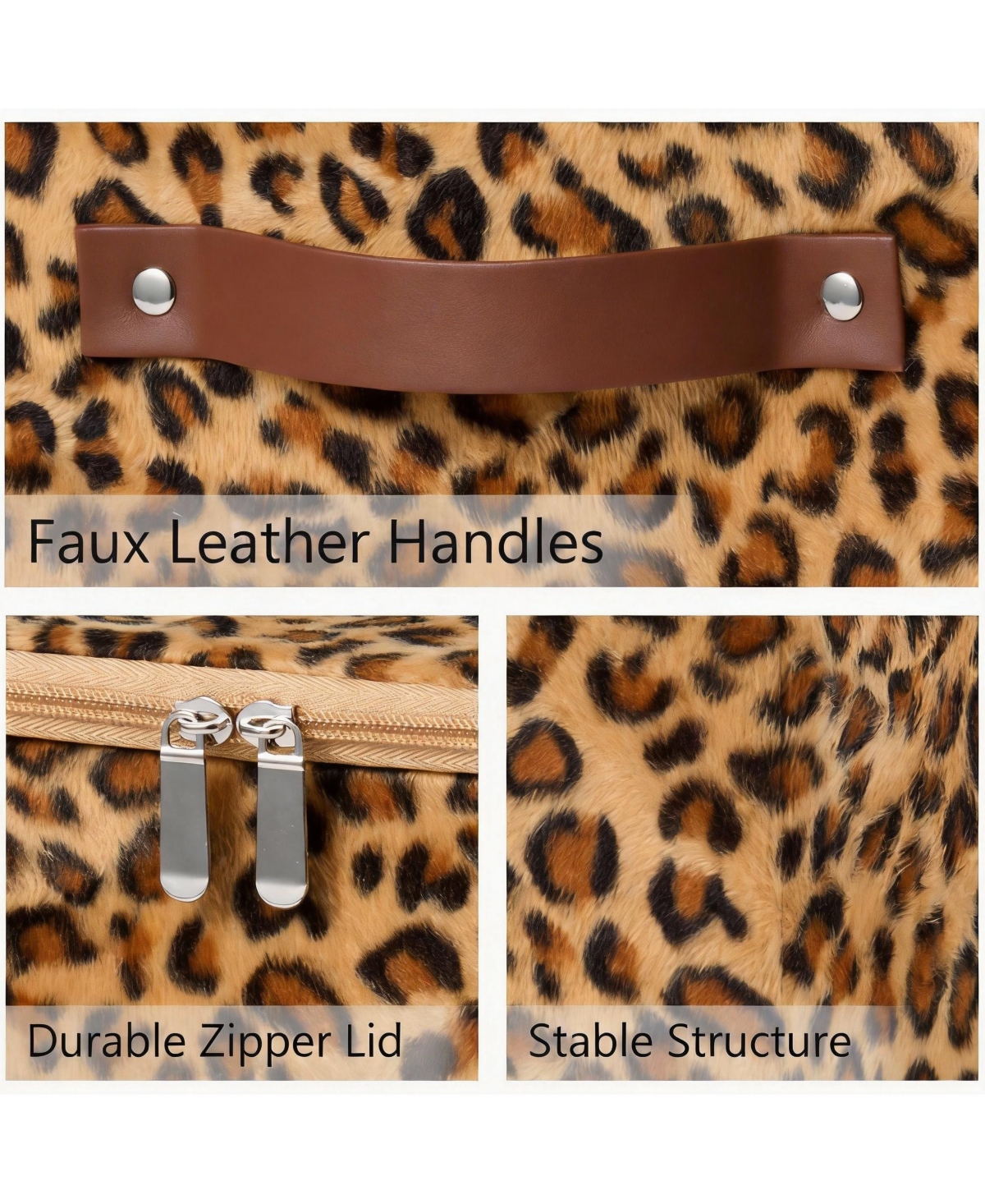 Yigii Leopard Print Storage Bin with Zipper Lid, Pu Leather Handles, Pp Plastic Board, Foldable, Washable,Large