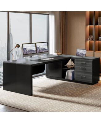 81-Inch L-Shaped Office Desk, Large Commercial Office Desk with Drawers and File Cabinet, Modern Professional Business Furniture