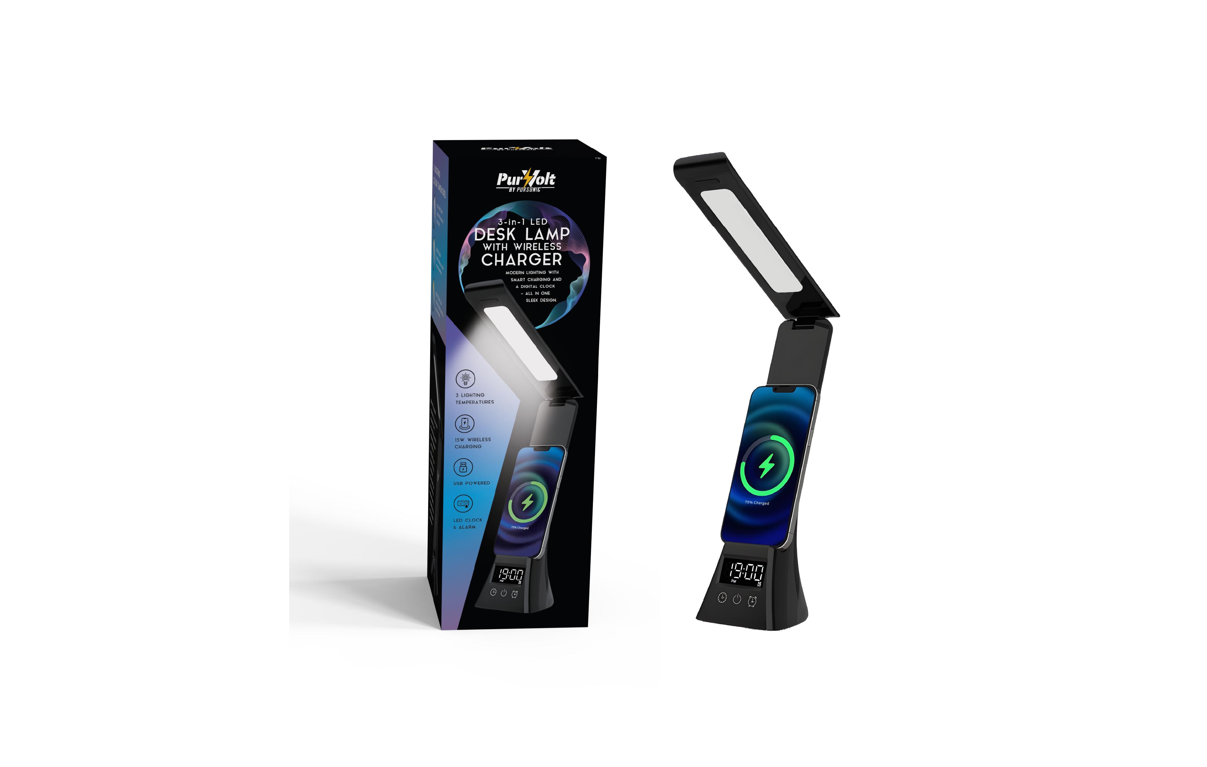 Pursonic 3-in-1 Led Desk Lamp with Wireless Charger and Alarm Clock - Sleek, Smart, and Space-Saving.