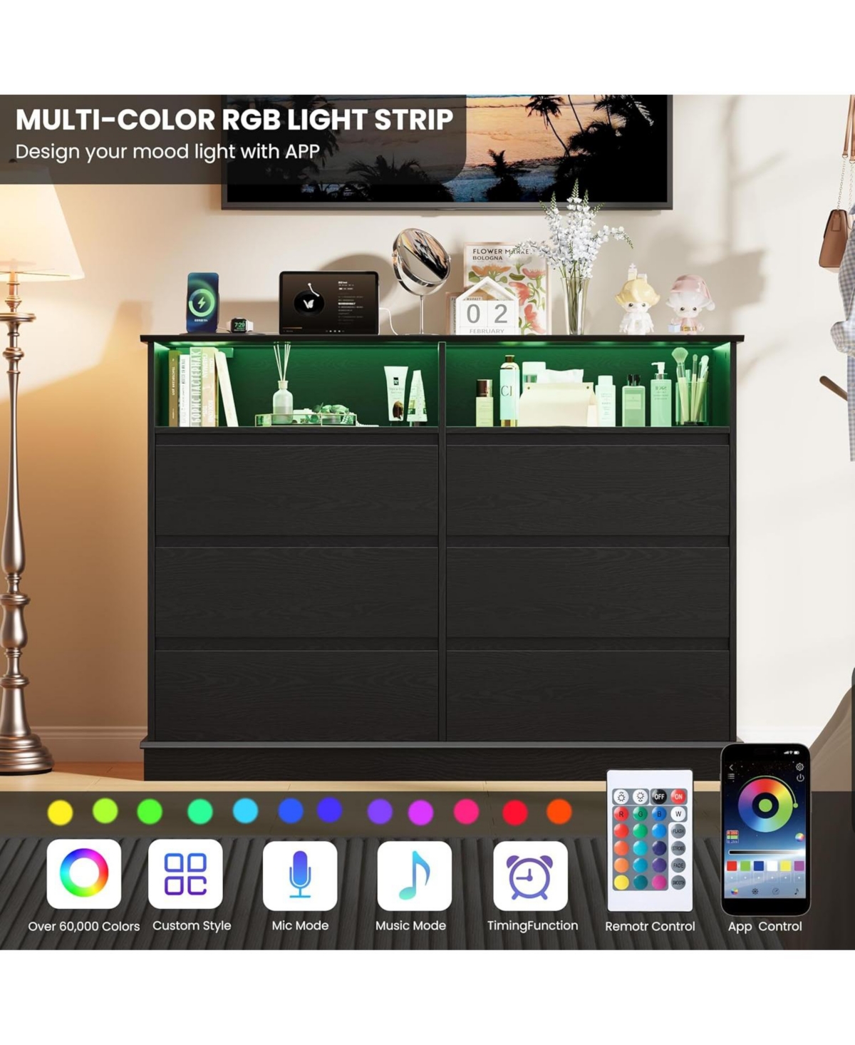 gaomon 6 Drawer Dresser for Bedroom with Led Lights & Charging Station