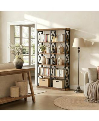 Industrial Bookshelf, 6-Tier Wide Bookcase, 75" Tall Standing Shelf Units with 12 Wooden Shelves, Large Open Metal Display Organizer