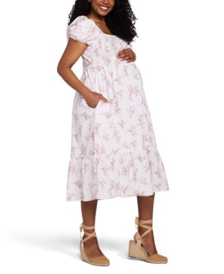 Maternity Motherhood Smocked Bodice with Puff Sleeves Midi Dress