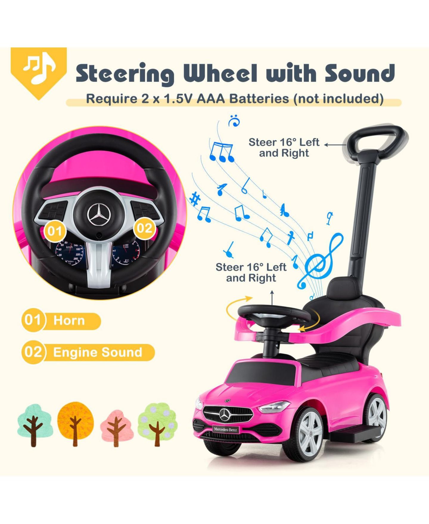 Детская игрушка Mecale 3-in-1 Mercedes-Benz Licensed Ride-On Push Car, Ages 18-36 Months, цвет: Розовый — фото 6