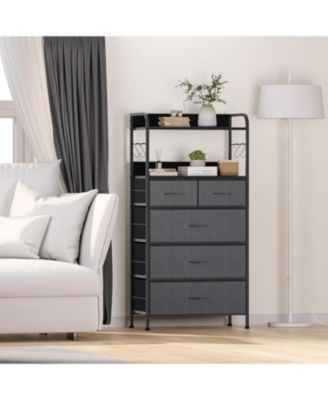 5-Drawer Bedroom Dresser, Fabric Storage Dresser with Anti-Tip Kit and 4 Hooks, Tall Vertical Dressers, Sturdy Steel Frame, Wooden Tabletop