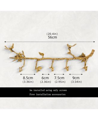 Brass Bird Decor Wall Hooks, 6 Hooks, 22in x 6.5in, Elegant Vintage Design