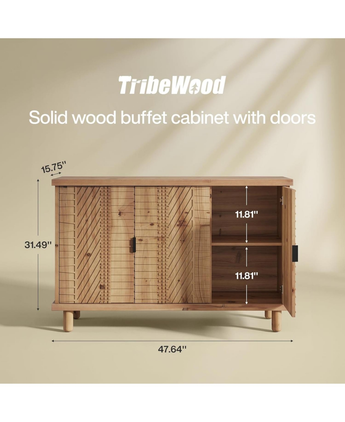 Tribesigns Solid Wood Buffet Cabinet with Storage, Farmhouse Sideboard Cabinet with 3 Doors and 2 Adjustable Shelves, Mid Century Modern Sideboard