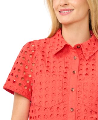 Women's Short Sleeve Eyelet Button-Down Top
