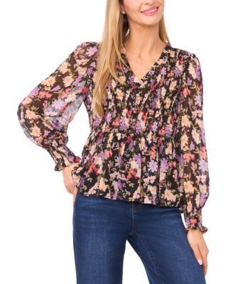 Women's V-Neck Smocked Bodice Peplum Top