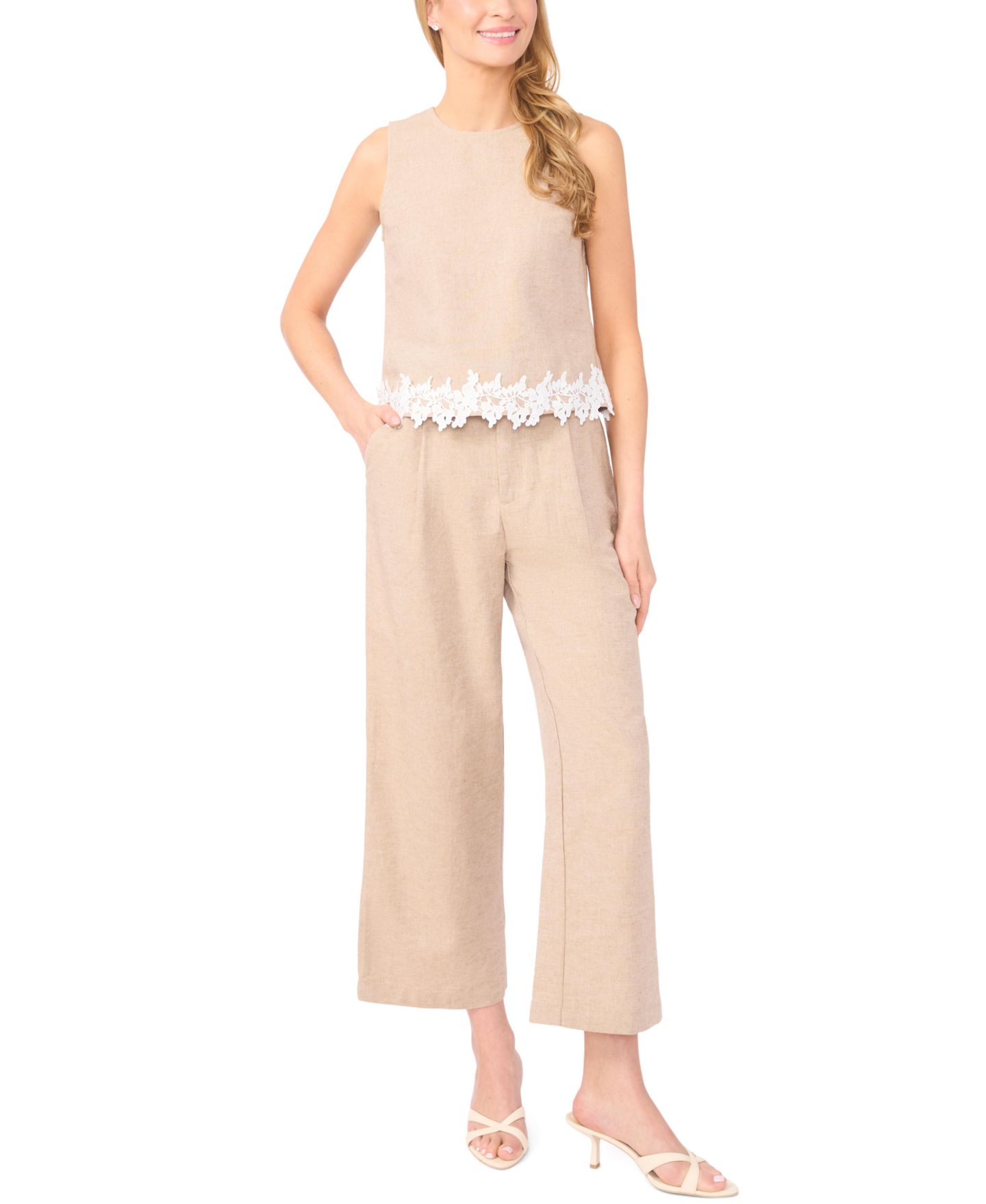 Женские брюки CeCe Linen-Blend Wide-Leg Bow Tie Cropped Pants, цвет: Карамельный — фото 2