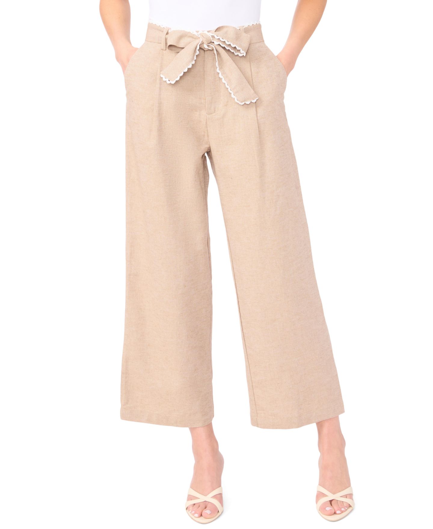 Женские брюки CeCe Linen-Blend Wide-Leg Bow Tie Cropped Pants, цвет: Карамельный — фото 1