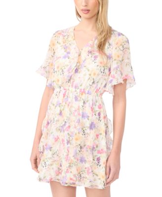 Women's Waterfall Ruffle Short-Sleeve V-Neck Mini Dress