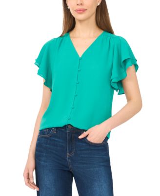 Women's V-Neck Double Flutter Sleeves Top