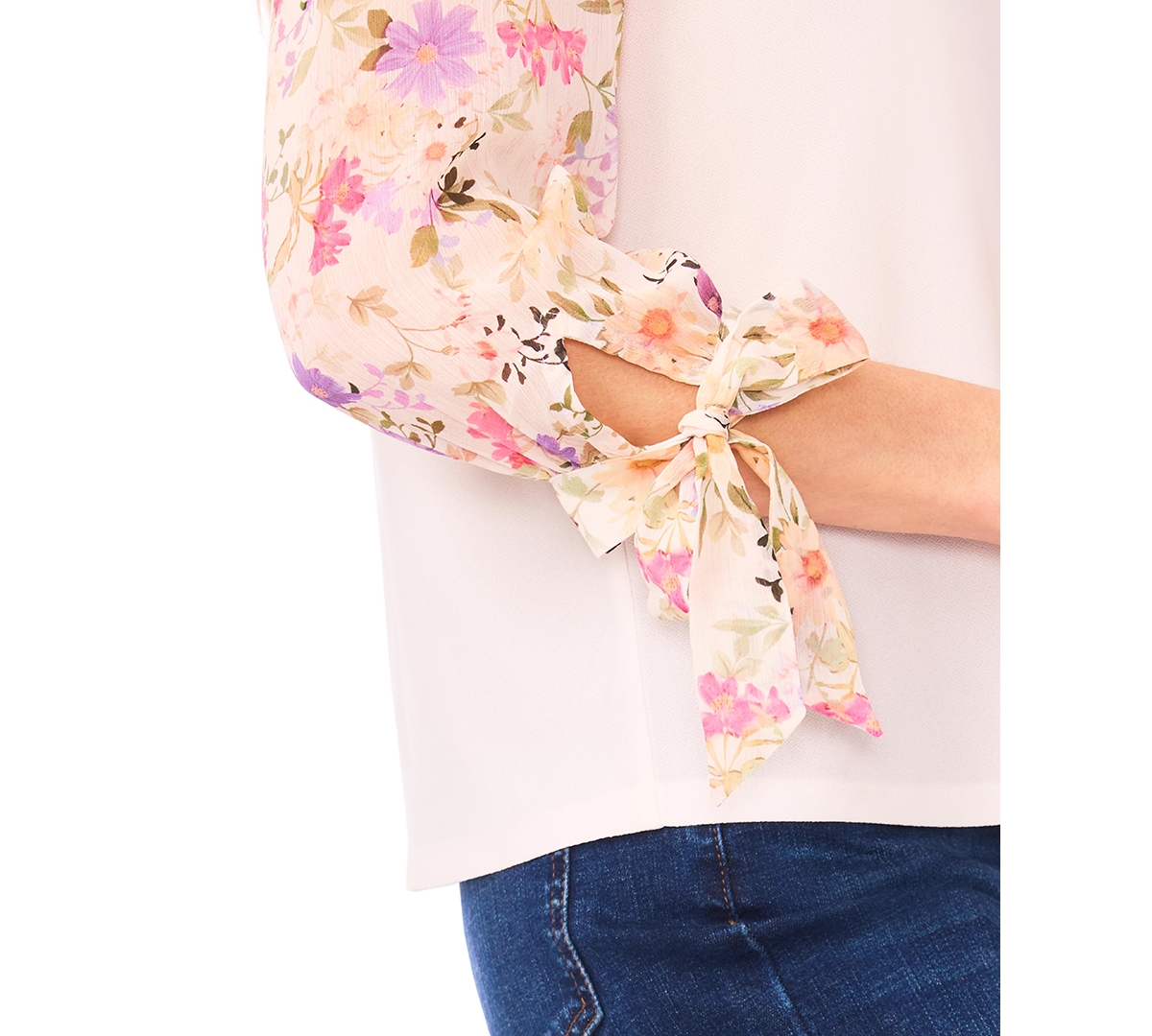 CeCe Women's Mixed Media Crew Neck Top