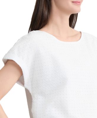 Women's Eyelet Boat Neck Button Detail Top