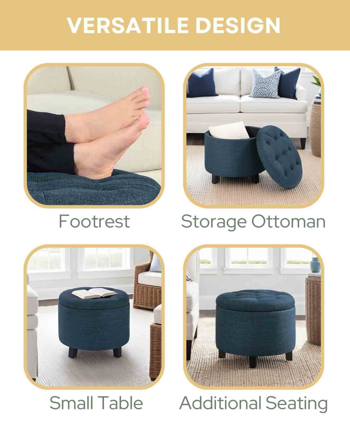 Convenience Concepts 17" Plywood Round Storage Ottoman