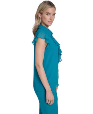 Women's Cap-Sleeve Ruffle Front Top