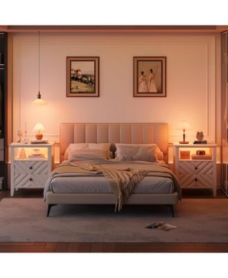 LED Night Stand with 2 Storage Drawers and Stable Wooden Legs，Farmhouse Nightstand w/V-Shaped Design，Wooden Rustic Bedside Table (2, White