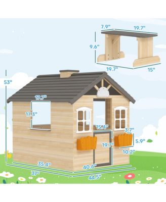 Wooden Outdoor Playhouse with Door Windows and Bench