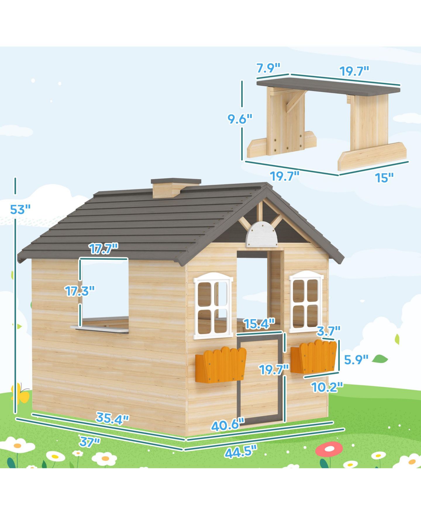 Детская игрушка HONGGE Outdoor Playhouse with Door, Windows & Bench, 44.5" W x 37" D x 53" H, Ages 3-7, цвет: Натуральный — фото 2