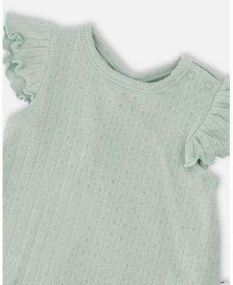 Baby Girls Pointelle Top and Cotton Jersey Short Set Green and Peach Deer Print