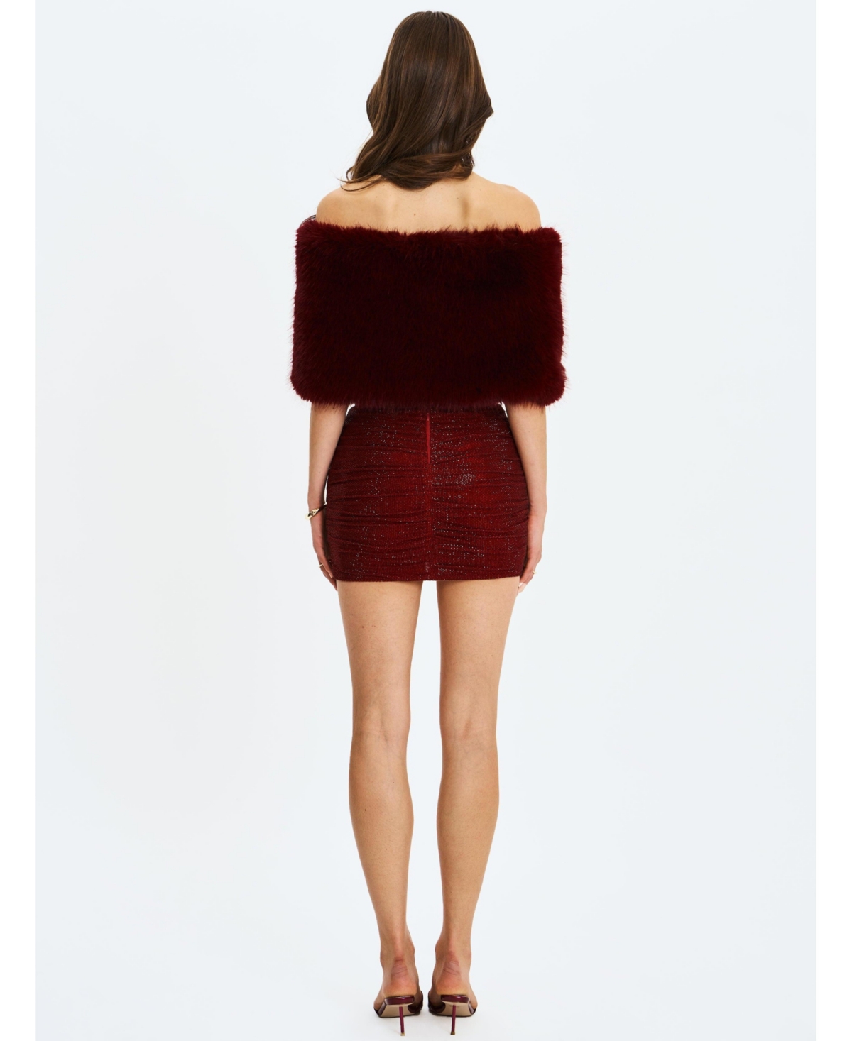 Miss Circle Women's Darla Burgundy Faux Fur Off-Shoulder Cropped Top