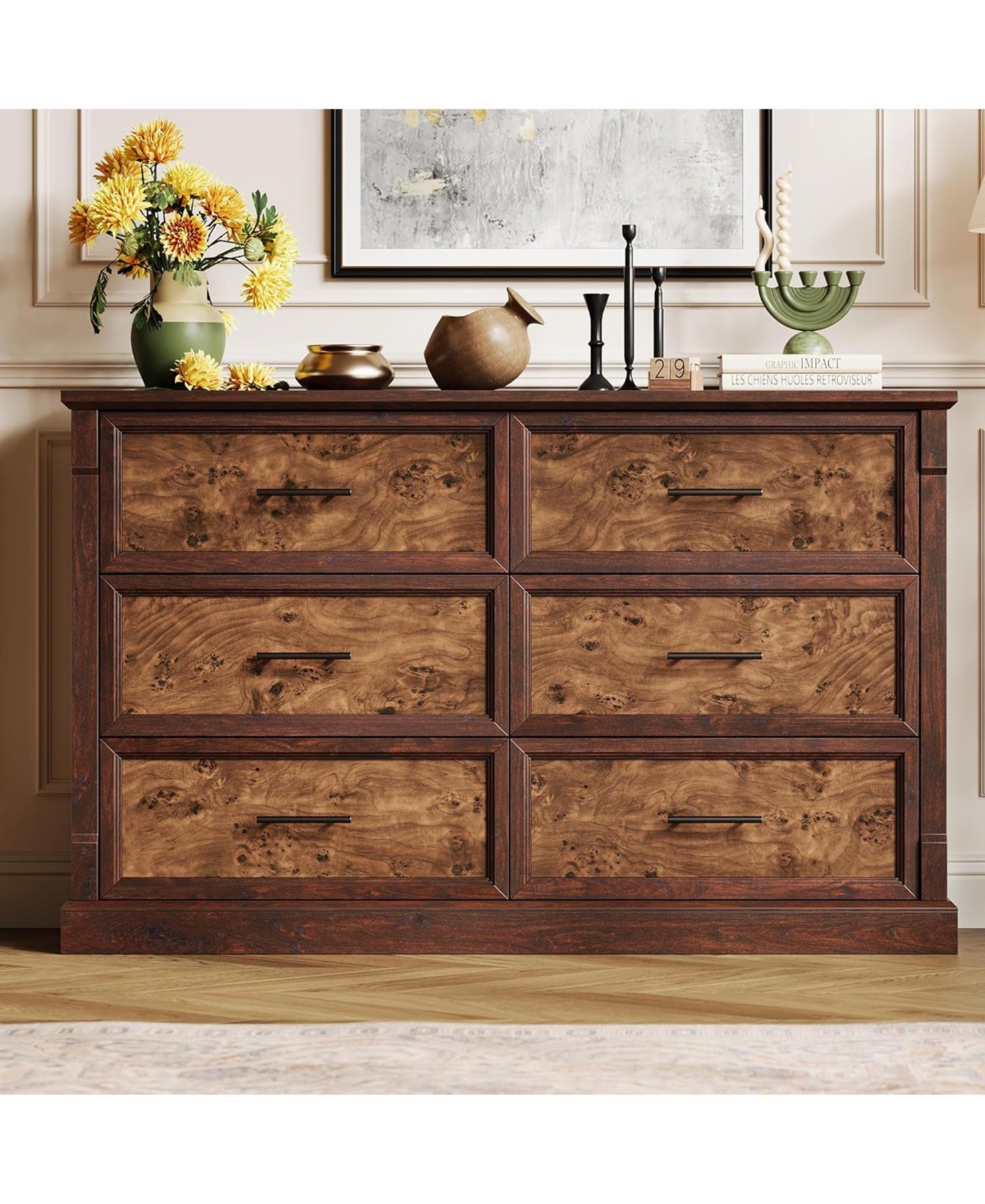 gaomon Dresser & Armoires 47" Farmhouse 6 Drawer Dresser, Rustic Wood Chest Organizer, Bedroom Storage Cabinet for Living Room, Hallway, Entryway