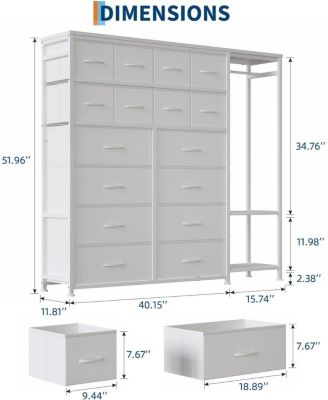 Tall Dresser for Bedroom, Fabric Dressers with 16 Drawers & Clothes Rack & 2 Storage Shelves, PU Closet Dresser with Hanging Space