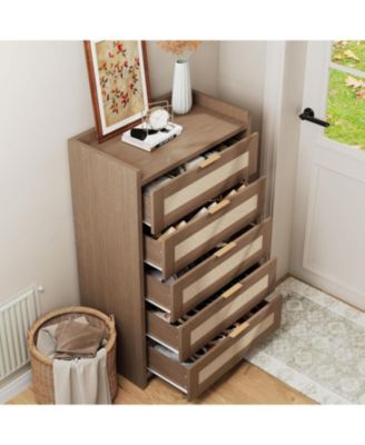 5 Drawer Dresser for Bedroom, Wooden Entryway Rattan Chest of Drawers Large Clothes Storage Cabinet Boho Night Stand for Living Room