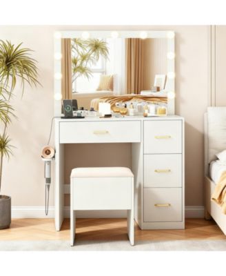 Vanity Desk with Lighted Mirror and Power Outlets, Makeup Dressing Table