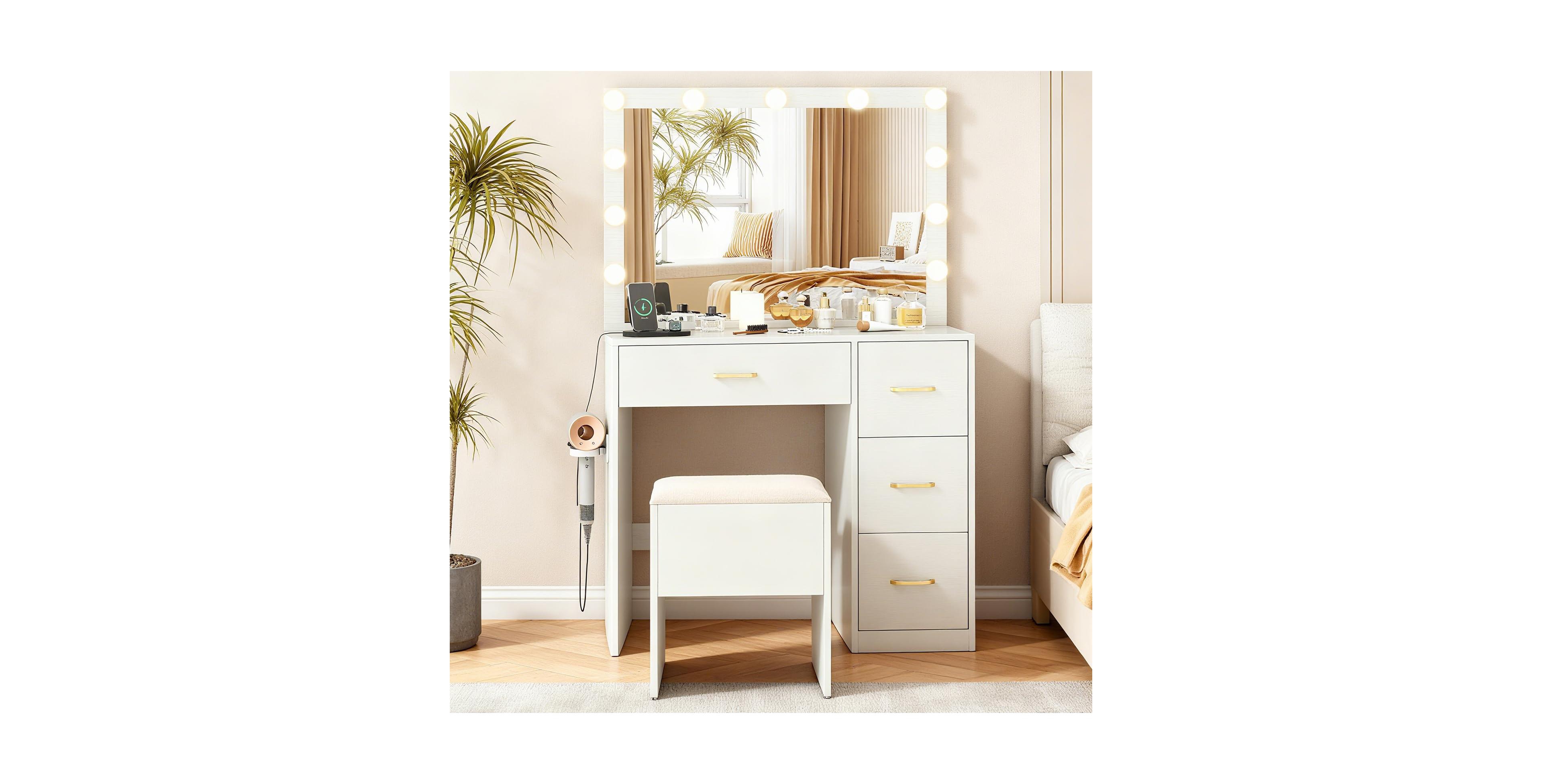 Volenca Vanity Desk with Lighted Mirror and Power Outlets, Makeup Dressing Table