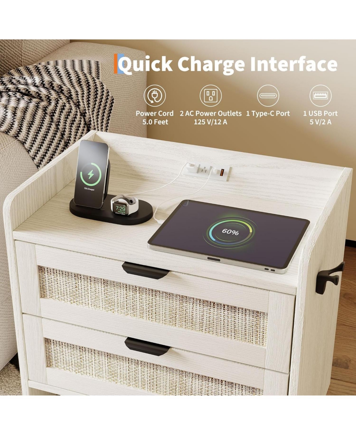 gaomon Boho Rattan Bedside Table with Type-c Charging Station