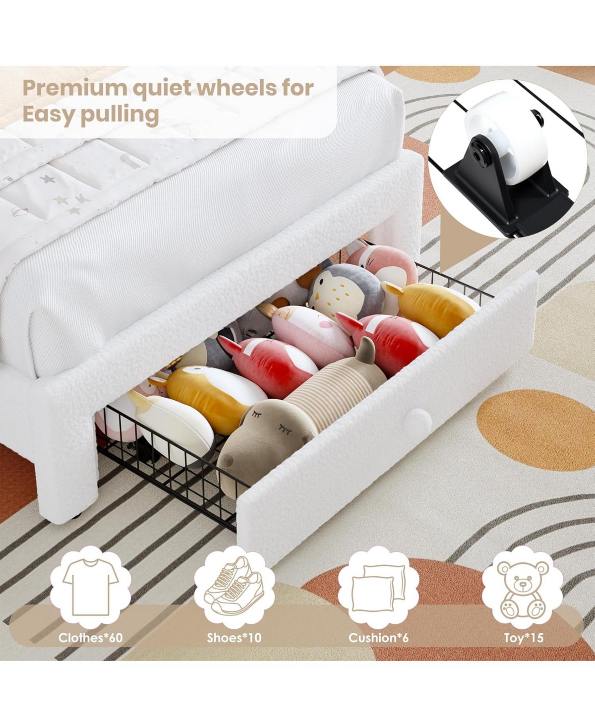 gaomon Twin Led Kids Bed Frame, Upholstered Platform with Rainbow Headboard & Storage Drawer, No Box Spring Needed