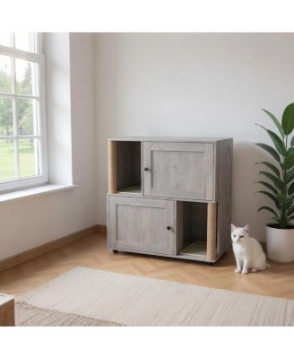 Double Room Cat Litter Box Enclosure for 2 Cats, Hidden Litterbox Furniture with Scratch Posts and Double-Layer Mat