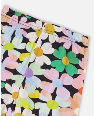 Big Girls Viscose Leggings Black Printed Flowers