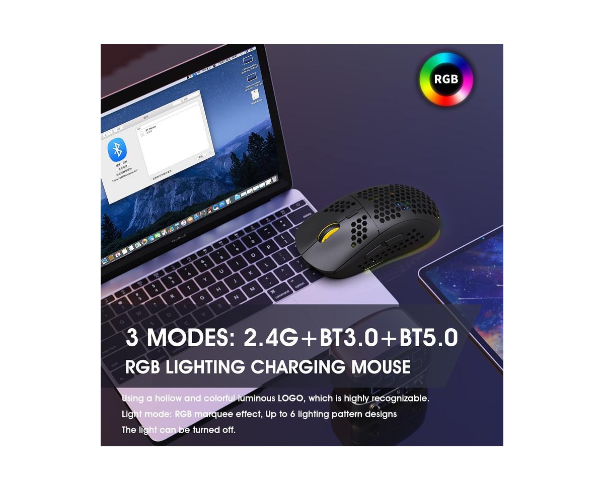 Risokeys Tri-Mode Wireless Gaming Mouse, Honeycomb Hollow Design, Rgb Backlight, 3600 Dpi Adjustable, 750mAh Rechargeable, 2.4G+BT3.0+BT5.0