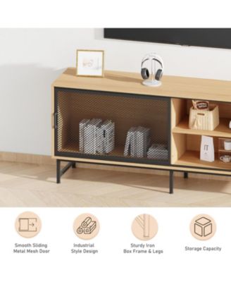 TV Console Table with Metal Net Sliding Door, Up to 65" TVs, TV Stand with Storage & Metal Legs, Industrial TV Stands for Living Room