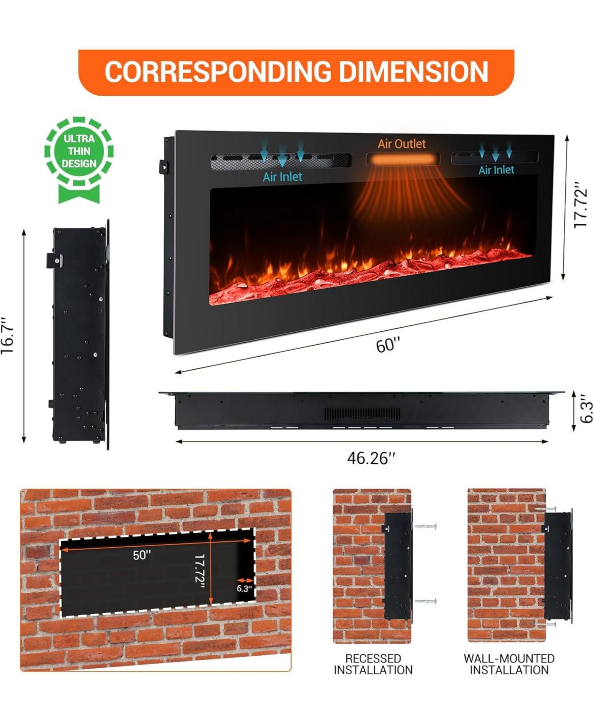 Gaomon 60" Wall-Mounted Electric Fireplace with Heater, 750/1500W, 12 Flame Colors, Remote & WiFi, Slim Recessed Design