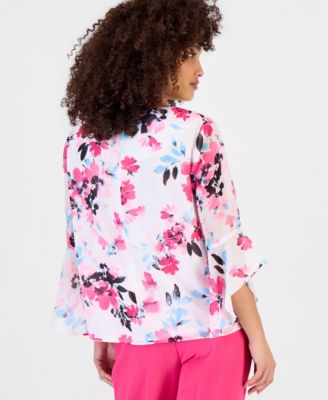 Petite Floral 3/4-Sleeve Ruffled-Cuff Blouse