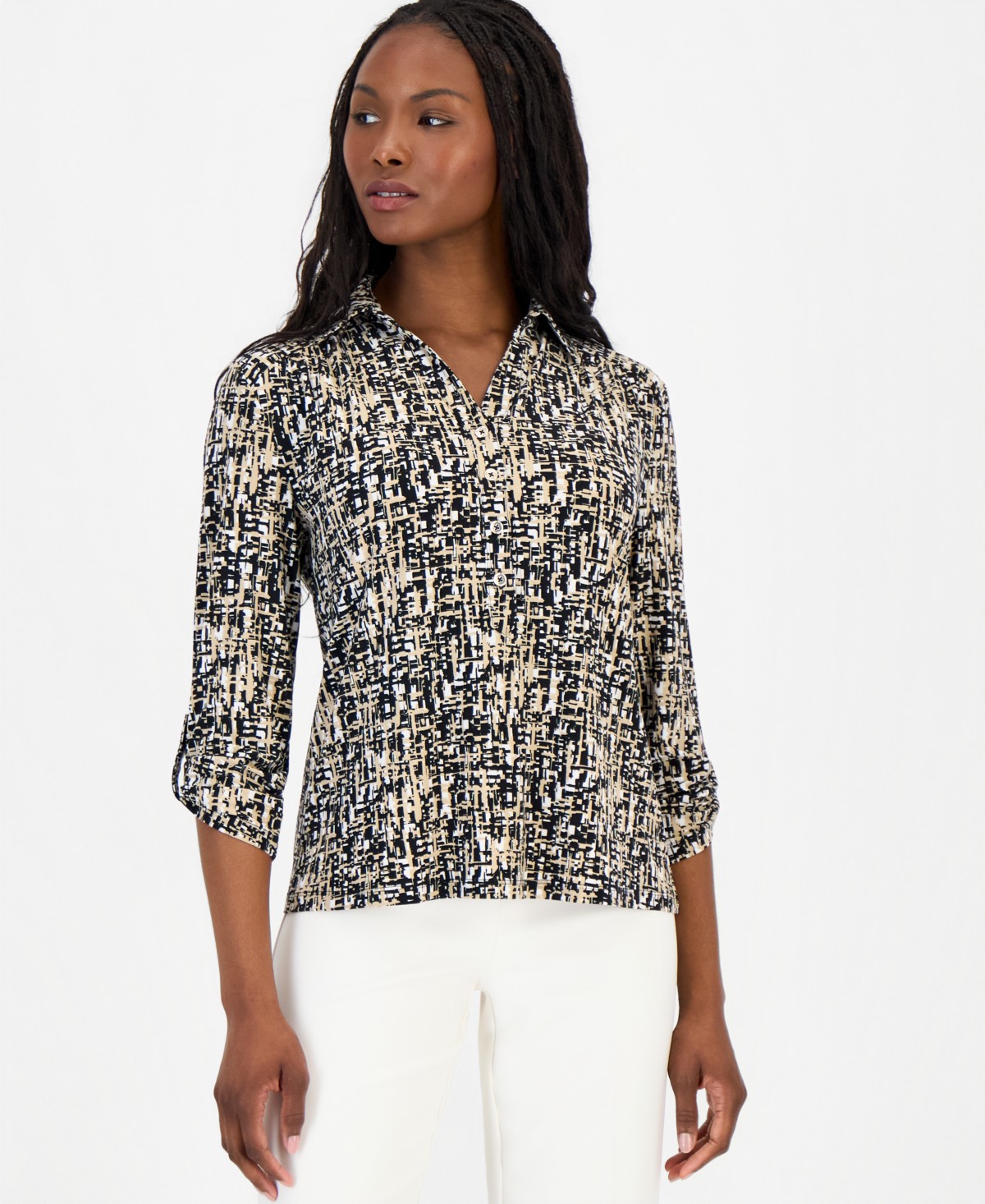 Женские Anne Klein Essentials Petite Printed Collared 3/4-Sleeve Top — фото 1